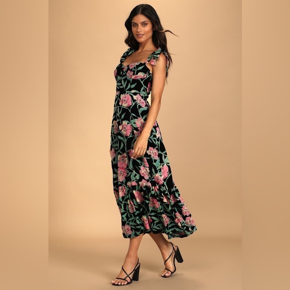 NWT Lulus Glorious Garden Black Floral Print Burnout Velvet Maxi Dress sz XS - Picture 4 of 9